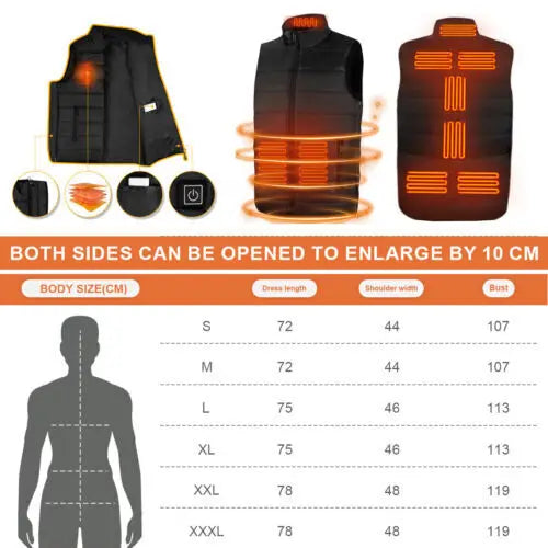 Electric Heated Vest Gilet Winter Body Warmer Heating Warm up Thermal Jacket Men